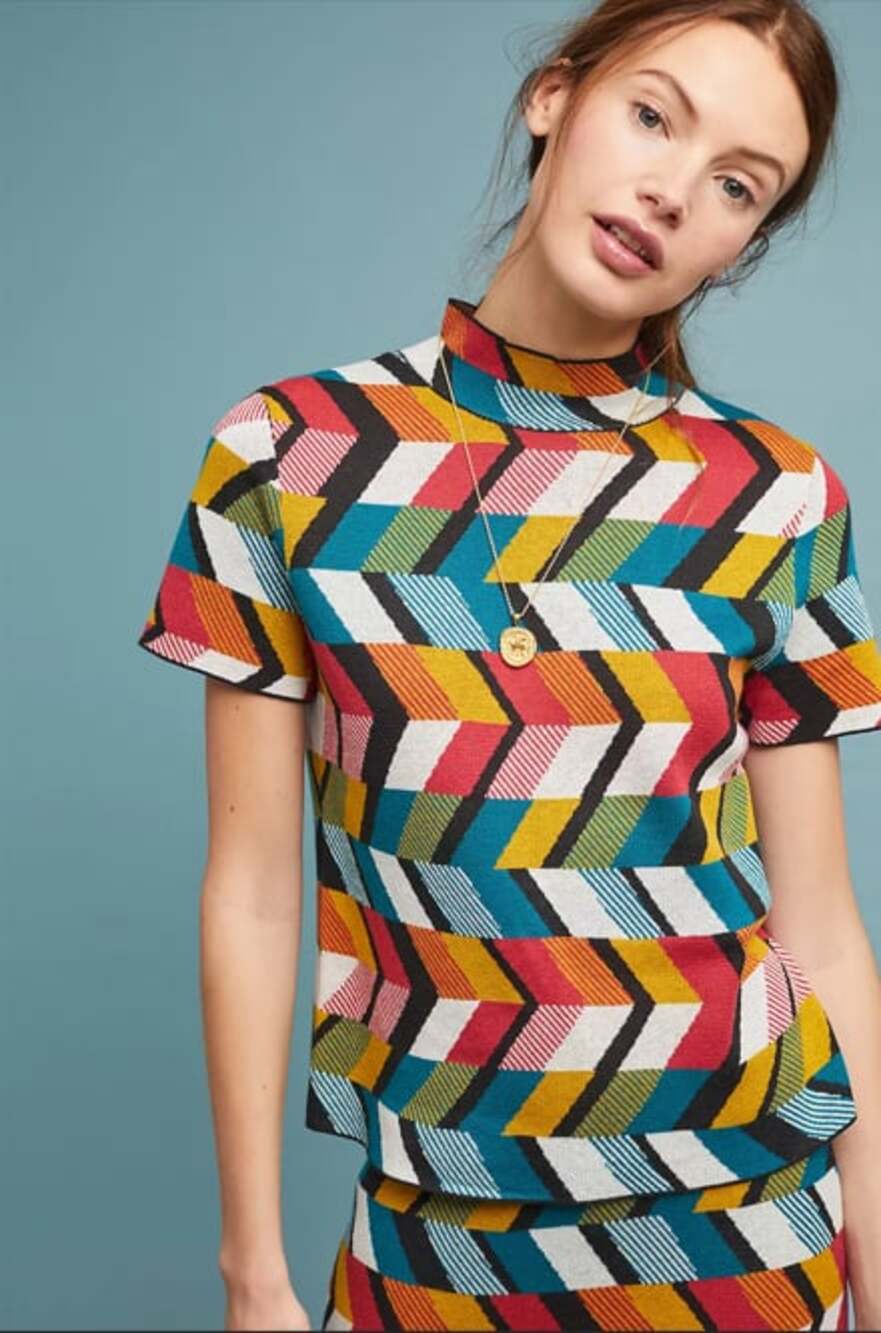 Maeve Anthropologie geometric chevron top medium mock neck preppy eclectic
